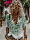 Women's Pink Roses Embroidered Linen Blend T-shirt