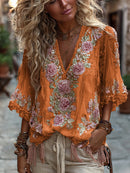 Women's Vintage Rose Embroidery Art Comfy Linen Shirts