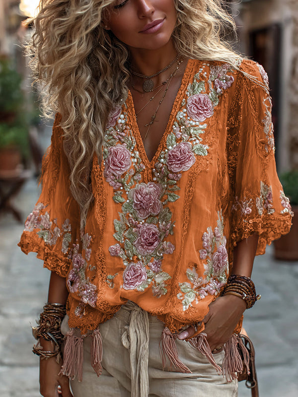 Women's Vintage Rose Embroidery Art Comfy Linen Shirts