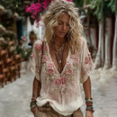 Women's Pink Roses Embroidered Linen Blend T-shirt