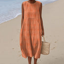 Vintage Loose Flower Art Sleeveless Cotton And Linen Tank Dress