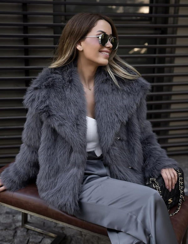 Flygo Women&#39;s Faux Fur Coat Fluffy Faux Fur Jacket Long Sleeve Lapel Furry Winter Jackets Shaggy Parka Short Coat