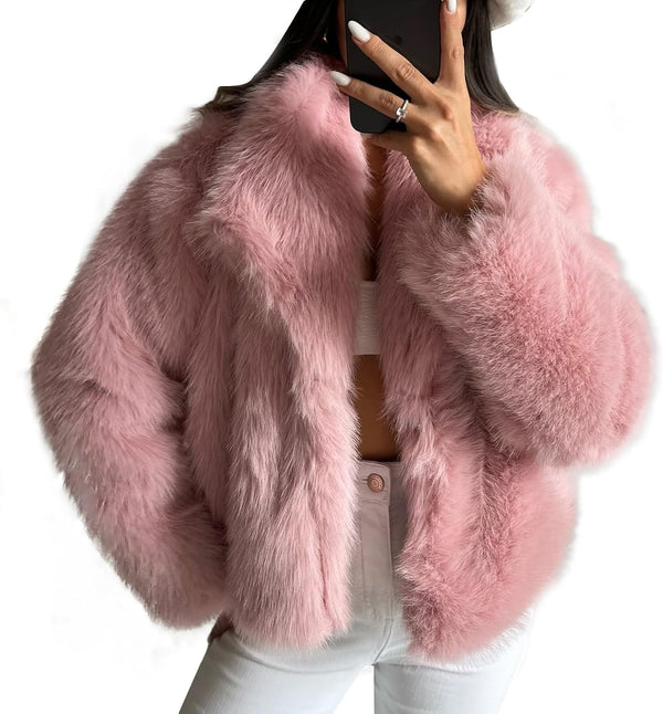 Flygo Women&#39;s Faux Fur Coat Fluffy Faux Fur Jacket Long Sleeve Lapel Furry Winter Jackets Shaggy Parka Short Coat