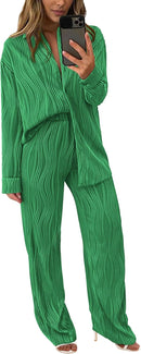 Women's 2 Piece Textured Sets Casual Button Down Shirt Wide Leg Pants Outfit Loungewear Tracksuit