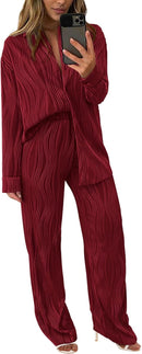 Women's 2 Piece Textured Sets Casual Button Down Shirt Wide Leg Pants Outfit Loungewear Tracksuit