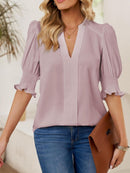 Women's Solid Casual V Neck Puff Sleeve Shirts (Buy 2 Free Shipping)