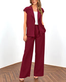 PRETTYGARDEN Women's Summer 2 Piece Outfits 2025 Cap Sleeve V Neck Blazer Vest Wide Leg Pant Sets Office Work Clothes