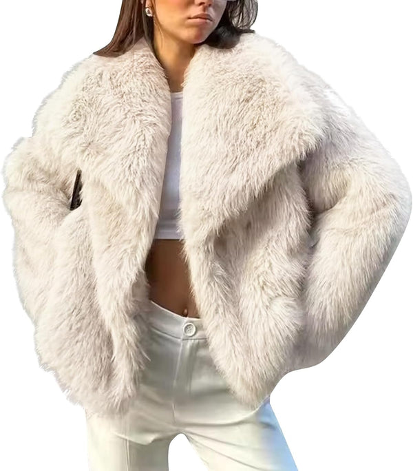 Flygo Women&#39;s Faux Fur Coat Fluffy Faux Fur Jacket Long Sleeve Lapel Furry Winter Jackets Shaggy Parka Short Coat