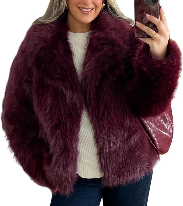 Flygo Women&#39;s Faux Fur Coat Fluffy Faux Fur Jacket Long Sleeve Lapel Furry Winter Jackets Shaggy Parka Short Coat