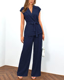 PRETTYGARDEN Women's Summer 2 Piece Outfits 2025 Cap Sleeve V Neck Blazer Vest Wide Leg Pant Sets Office Work Clothes