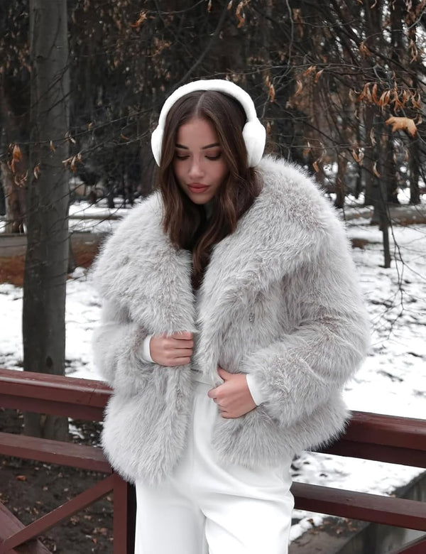 Flygo Women&#39;s Faux Fur Coat Fluffy Faux Fur Jacket Long Sleeve Lapel Furry Winter Jackets Shaggy Parka Short Coat