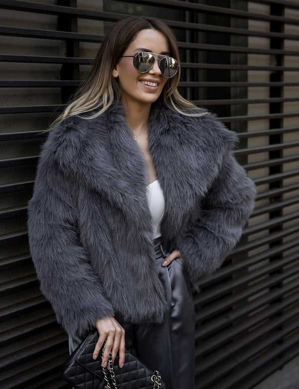 Flygo Women&#39;s Faux Fur Coat Fluffy Faux Fur Jacket Long Sleeve Lapel Furry Winter Jackets Shaggy Parka Short Coat