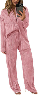 Women's 2 Piece Textured Sets Casual Button Down Shirt Wide Leg Pants Outfit Loungewear Tracksuit