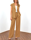 PRETTYGARDEN Women's Summer 2 Piece Outfits 2025 Cap Sleeve V Neck Blazer Vest Wide Leg Pant Sets Office Work Clothes