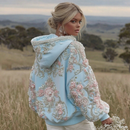 Women's Pink Flower Embroidery Art Long Sleeve Hoodie