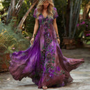 Women's Retro Rose Floral Gradient Pattern V-neck Short Sleeve Dress