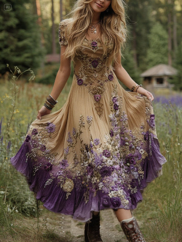 Classy Gradient Purple Lavender And Floral Embroidered Linen Maxi Dress