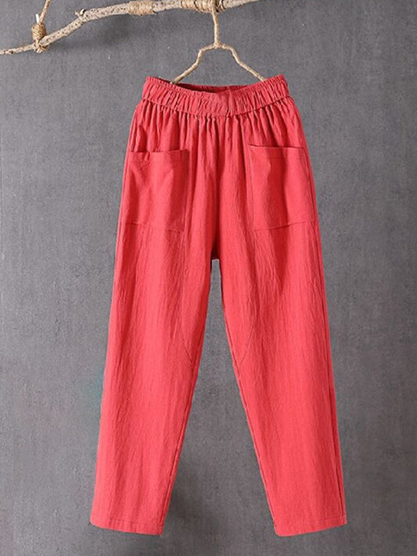 Women's Pockets Design Linen Blend Elastic Waist Pants