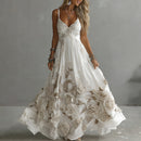 Women's Vintage Rose Embroidery Art V-neck Suspender Maxi Dress