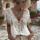 Women's Floral Embroidered Art V-neck Short Sleeved Linen Blend T-shirt