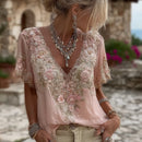 Women's Floral Embroidered Art V-neck Short Sleeved Linen Blend T-shirt