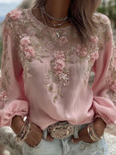 Women's Vintage Pink Rose Embroidery Art Round Neck Long Sleeve Linen Blend T-shirt