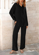 Women's 2 Piece Textured Sets Casual Button Down Shirt Wide Leg Pants Outfit Loungewear Tracksuit