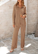 Women's 2 Piece Textured Sets Casual Button Down Shirt Wide Leg Pants Outfit Loungewear Tracksuit