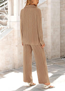 Women's 2 Piece Textured Sets Casual Button Down Shirt Wide Leg Pants Outfit Loungewear Tracksuit
