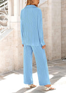 Women's 2 Piece Textured Sets Casual Button Down Shirt Wide Leg Pants Outfit Loungewear Tracksuit