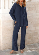 Women's 2 Piece Textured Sets Casual Button Down Shirt Wide Leg Pants Outfit Loungewear Tracksuit