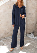 Women's 2 Piece Textured Sets Casual Button Down Shirt Wide Leg Pants Outfit Loungewear Tracksuit