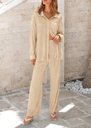 Women's 2 Piece Textured Sets Casual Button Down Shirt Wide Leg Pants Outfit Loungewear Tracksuit
