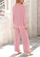 Women's 2 Piece Textured Sets Casual Button Down Shirt Wide Leg Pants Outfit Loungewear Tracksuit