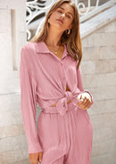 Women's 2 Piece Textured Sets Casual Button Down Shirt Wide Leg Pants Outfit Loungewear Tracksuit