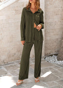 Women's 2 Piece Textured Sets Casual Button Down Shirt Wide Leg Pants Outfit Loungewear Tracksuit