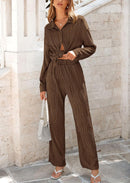Women's 2 Piece Textured Sets Casual Button Down Shirt Wide Leg Pants Outfit Loungewear Tracksuit