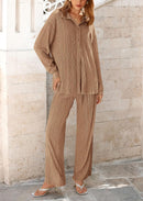 Women's 2 Piece Textured Sets Casual Button Down Shirt Wide Leg Pants Outfit Loungewear Tracksuit