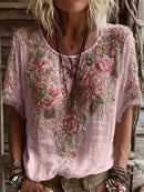 Women's Pink Rose Embroidery Art Round Neck Short Sleeve Linen Blend T-shirt