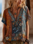 Bohemian-style Plant-dyed Knitted Floral Loose Patchwork Short-sleeved Top