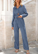 Women's 2 Piece Textured Sets Casual Button Down Shirt Wide Leg Pants Outfit Loungewear Tracksuit