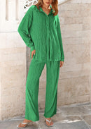 Women's 2 Piece Textured Sets Casual Button Down Shirt Wide Leg Pants Outfit Loungewear Tracksuit