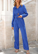 Women's 2 Piece Textured Sets Casual Button Down Shirt Wide Leg Pants Outfit Loungewear Tracksuit