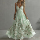 Women's Vintage Rose Embroidery Art V-neck Suspender Maxi Dress