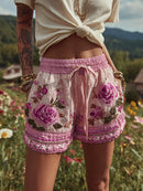 Women's Patchwork Rose Floral Contrast Drawstring Shorts
