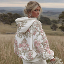 Women's Pink Flower Embroidery Art Long Sleeve Hoodie