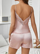 🧚Women Satin Pajama Set Sexy V Neck Backless Lace Sleepwear