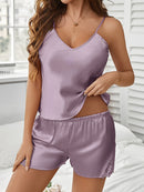 🧚Women Satin Pajama Set Sexy V Neck Backless Lace Sleepwear