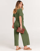 ANRABESS Short Sleeve V Neck Elastic Waist Wide Leg Cropped Pant Jumpsuits Rompers