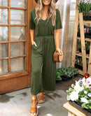 ANRABESS Short Sleeve V Neck Elastic Waist Wide Leg Cropped Pant Jumpsuits Rompers